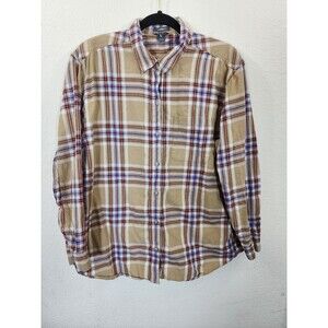 Eddie Bauer Women's L Tan Plaid 100% Cotton Flannel Shirt Boyfriend Fit Relaxed
